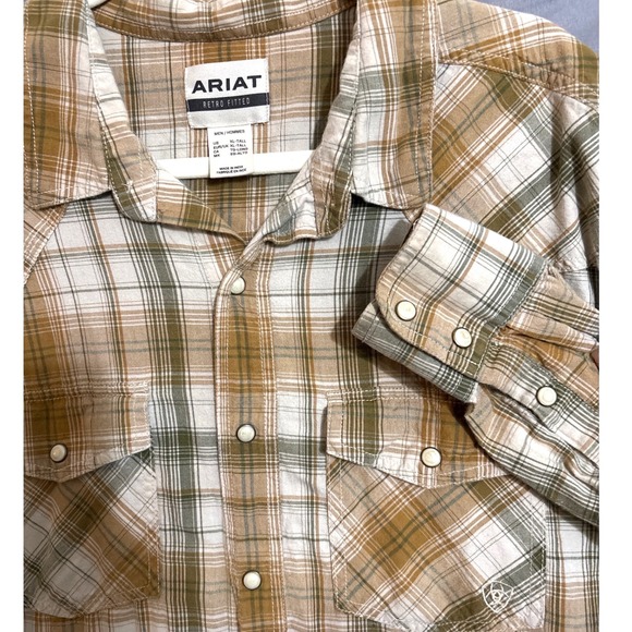 Ariat Other - Ariat Retro‎ Fitted Mens XL Tall Western Pearl Snap Plaid Shirt Brown Olive